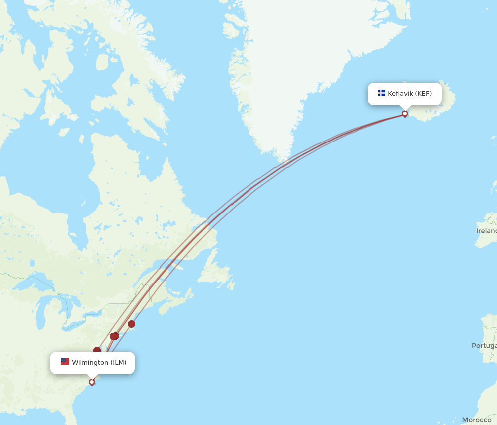 ILM-KEF flight routes