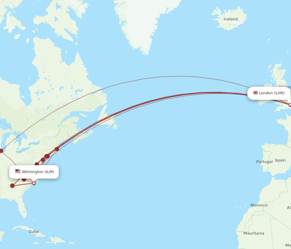 ILM-LHR flight routes