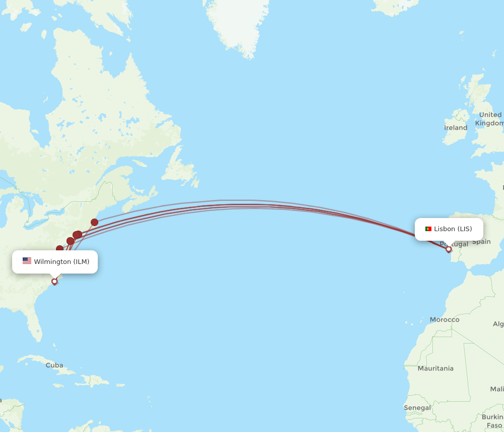 ILM-LIS flight routes