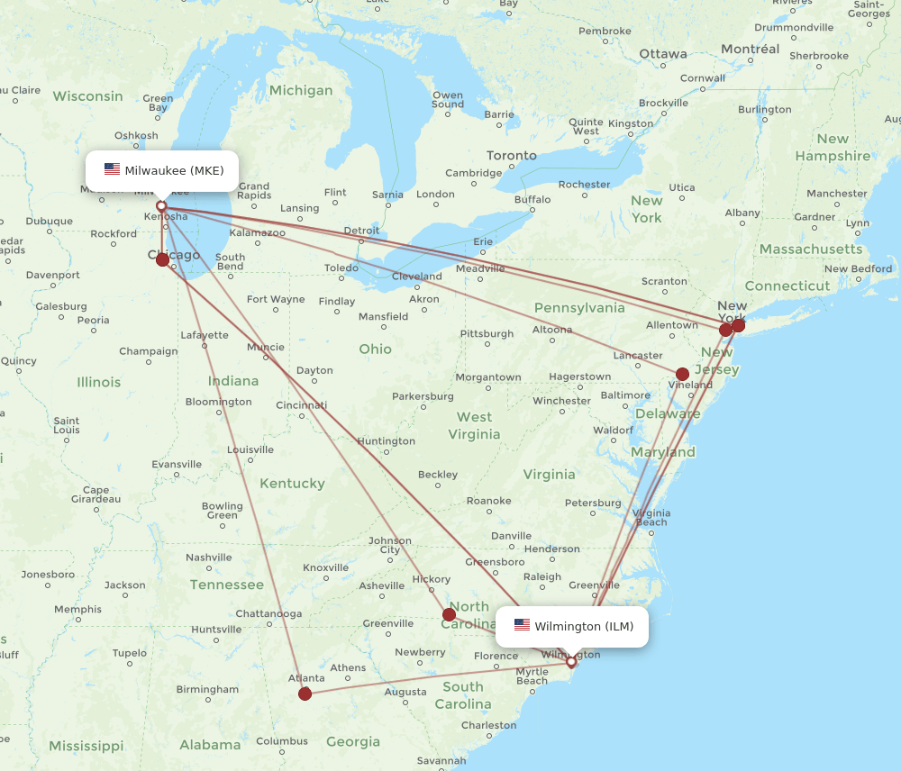ILM-MKE flight routes