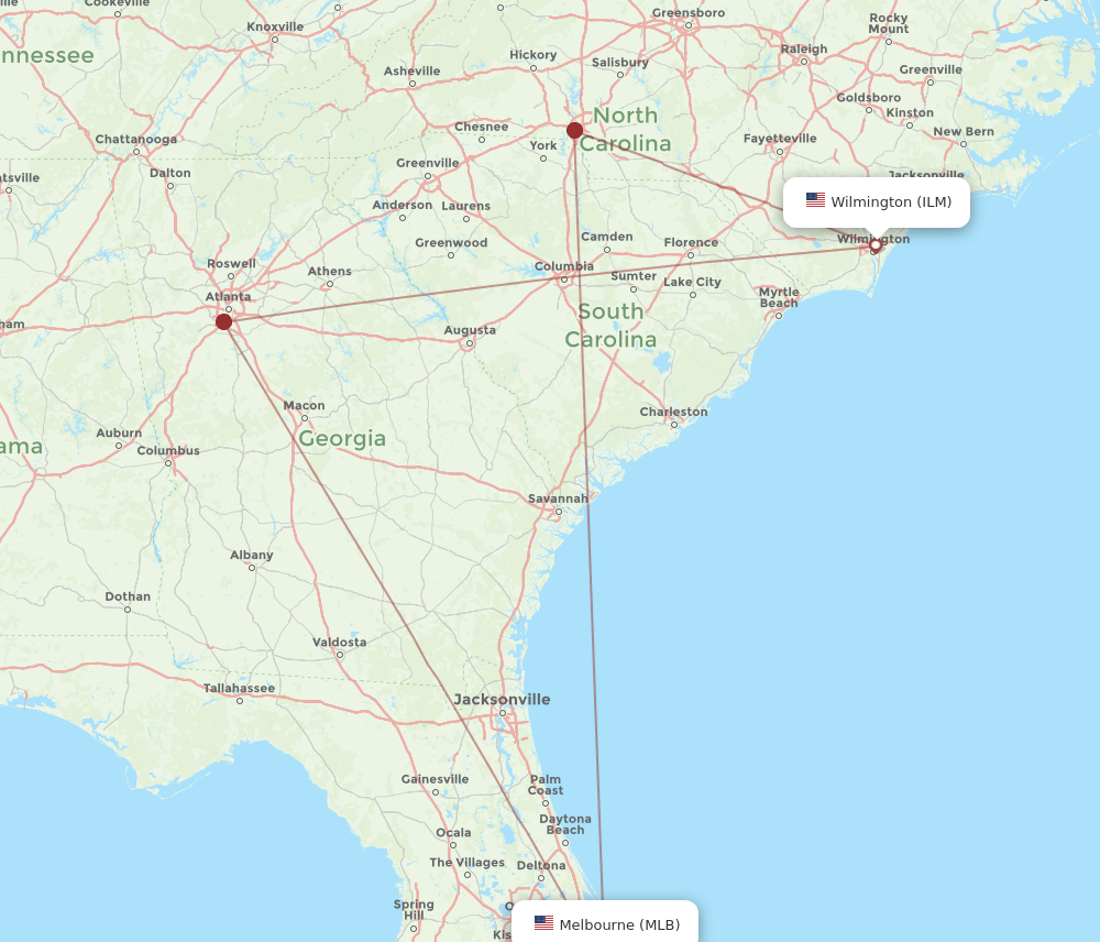ILM to MLB flights and routes map