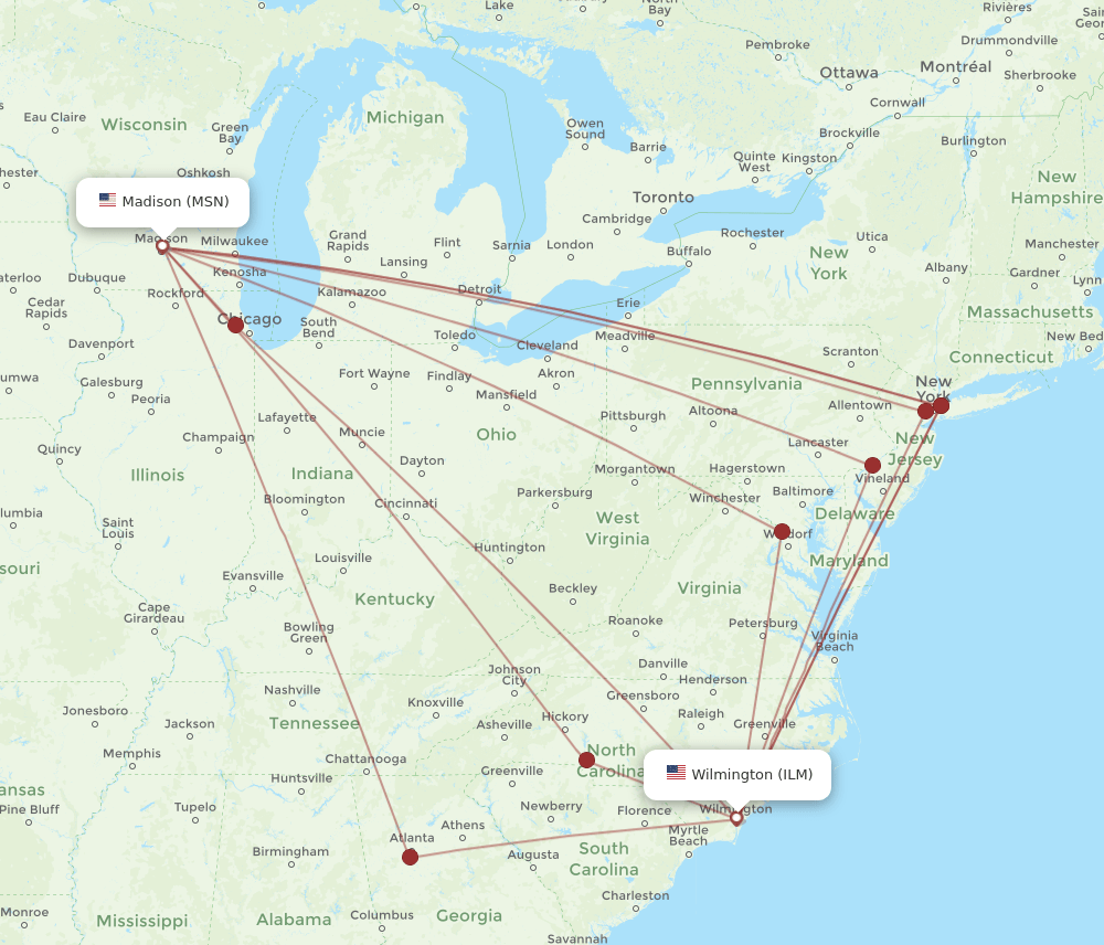 ILM to MSN flights and routes map