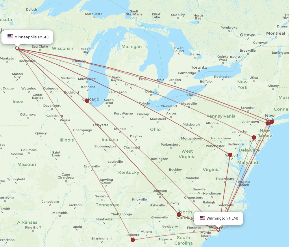 ILM to MSP flights and routes map