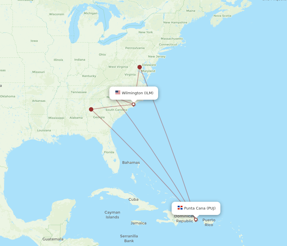 ILM to PUJ flights and routes map