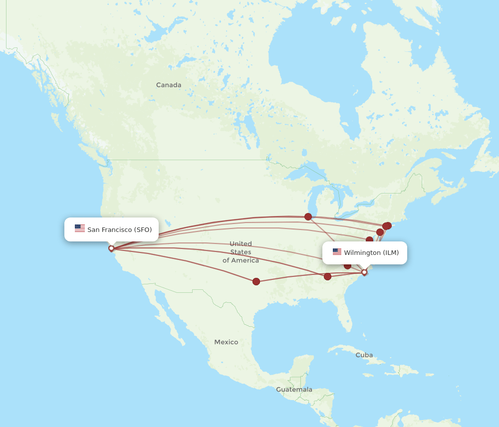 ILM to SFO flights and routes map