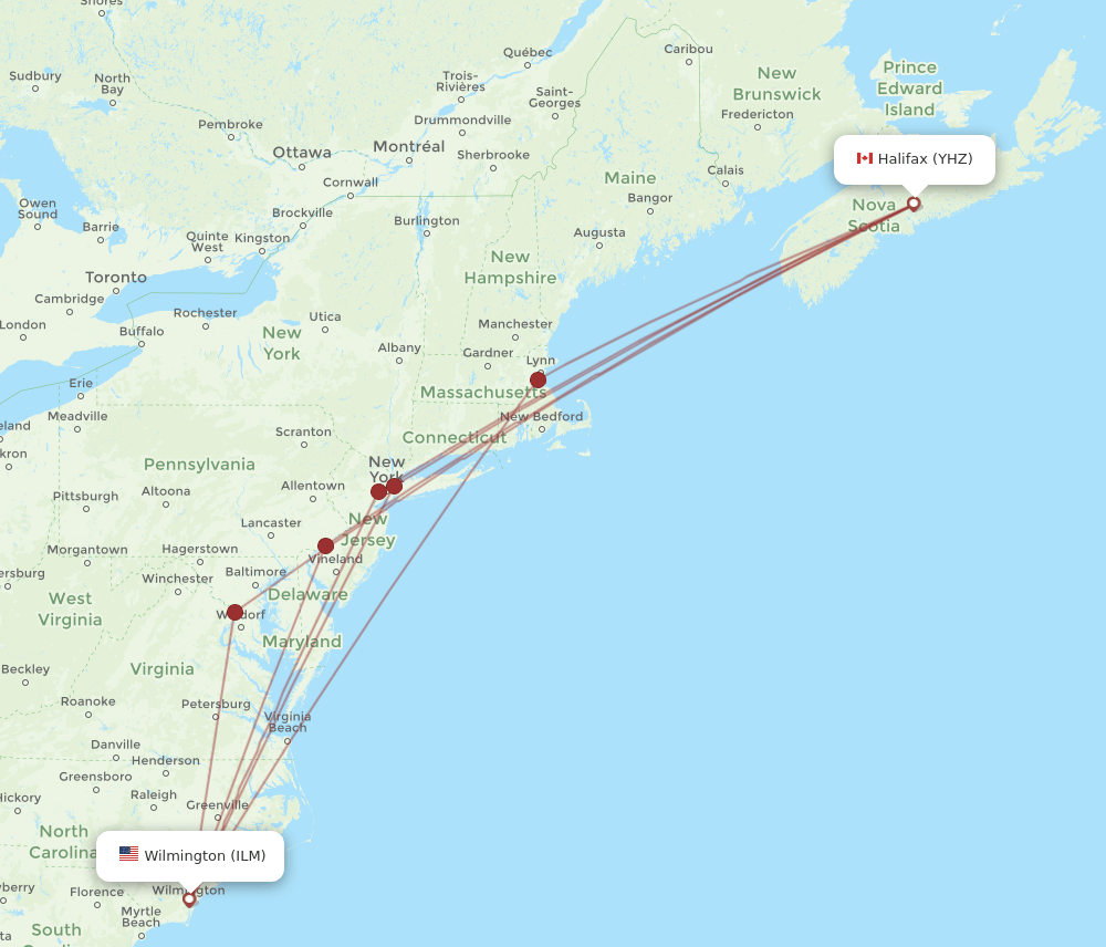 ILM-YHZ flight routes