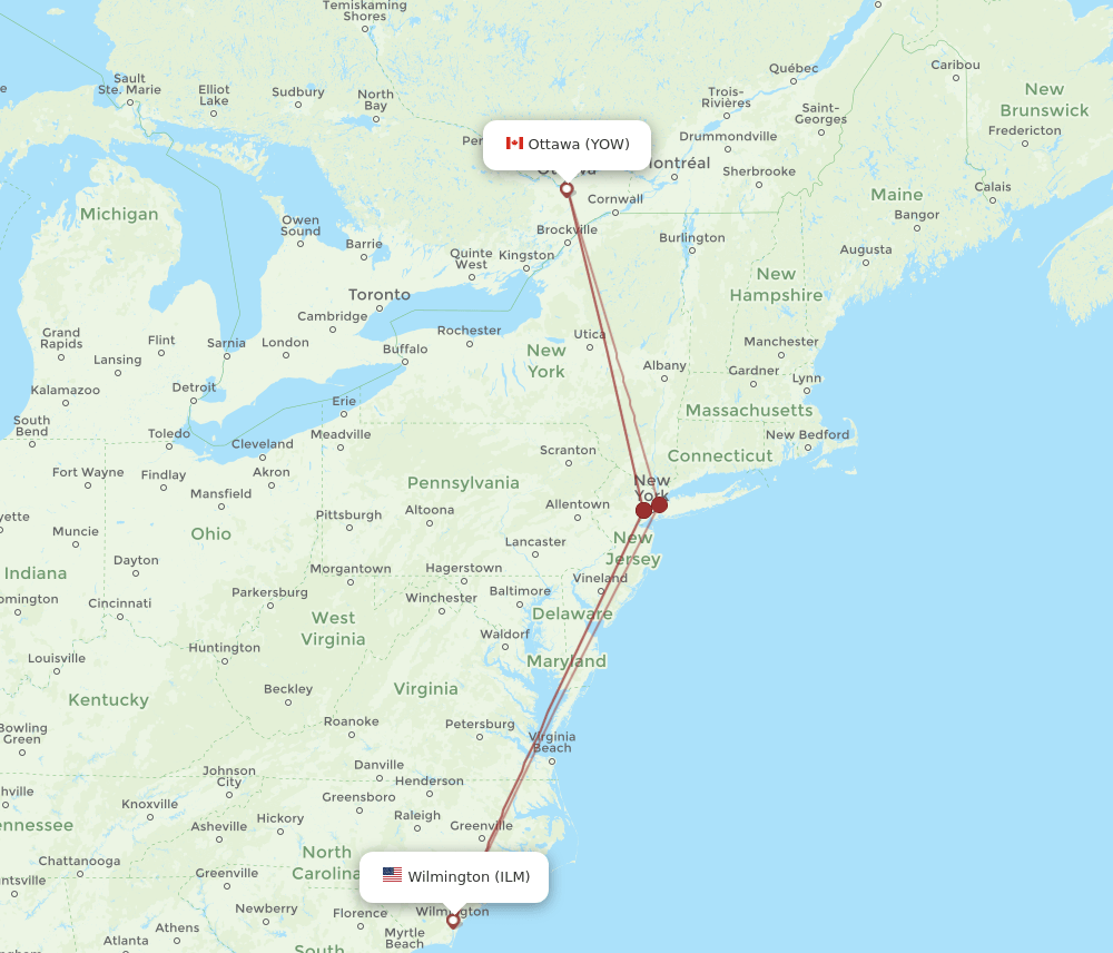 ILM to YOW flights and routes map