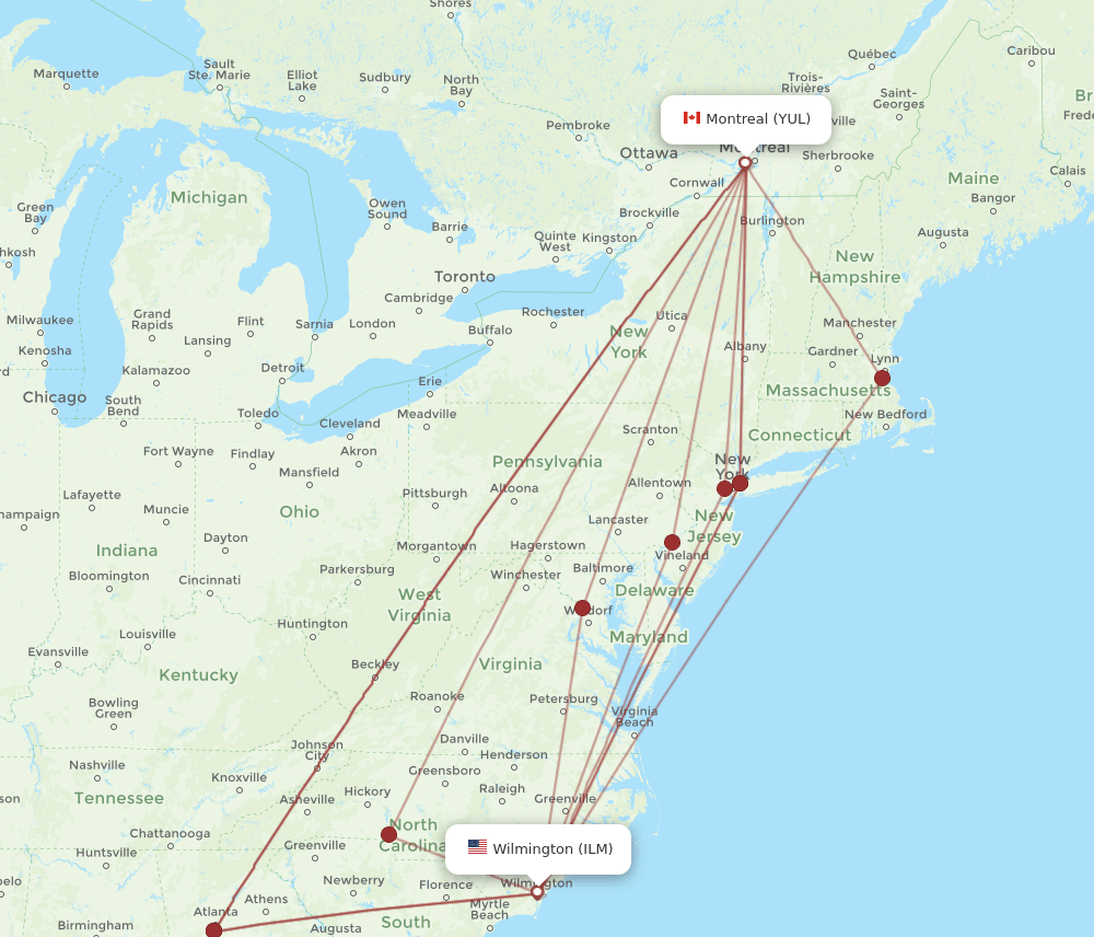 ILM-YUL flight routes