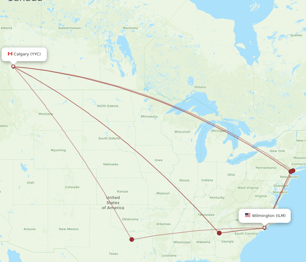 Calgary - Wilmington route map and flight paths