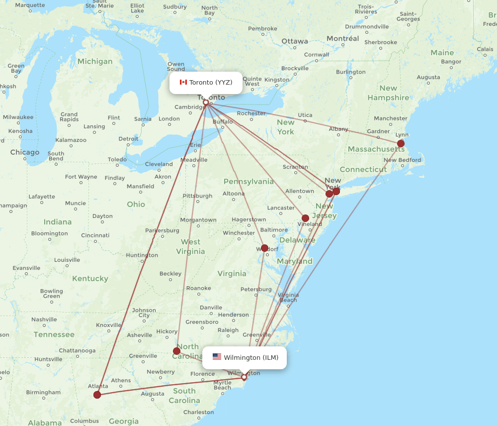 ILM-YYZ flight routes