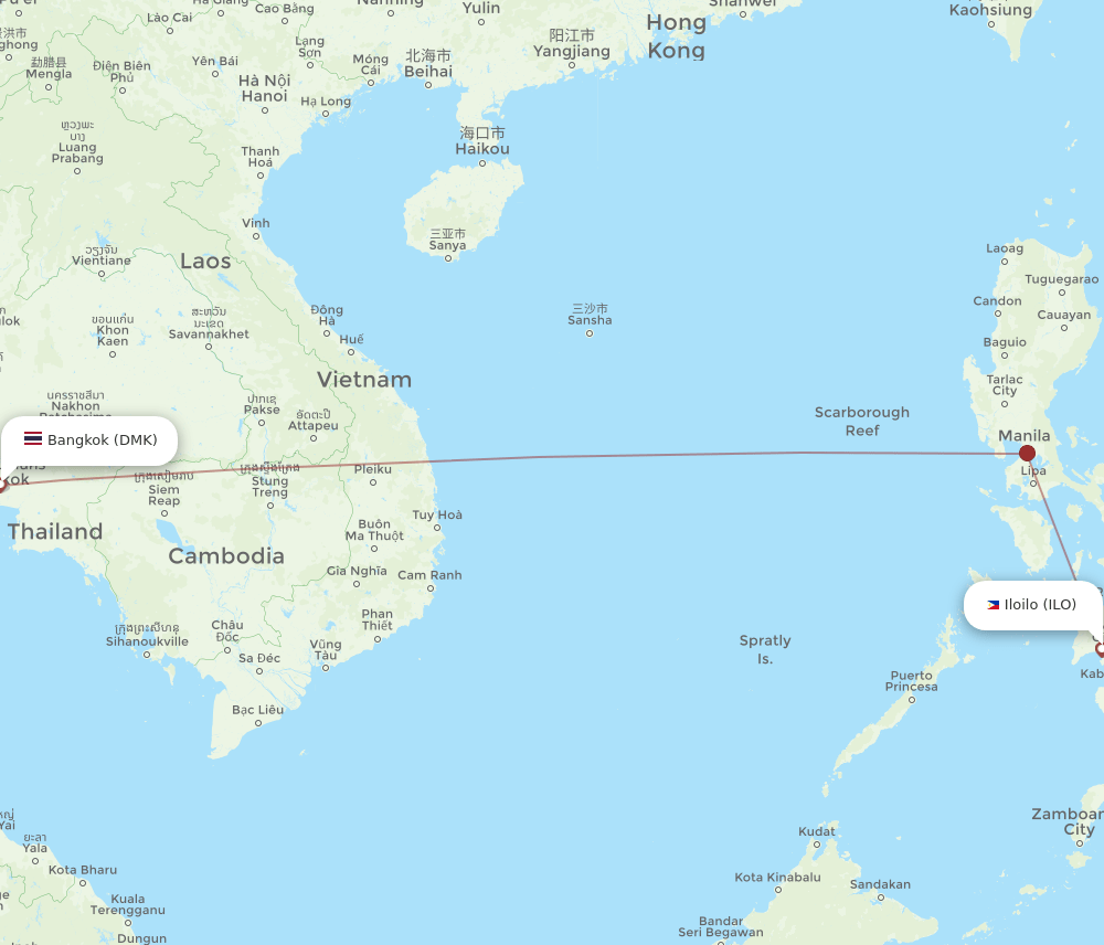 Iloilo - Bangkok route map and flight paths