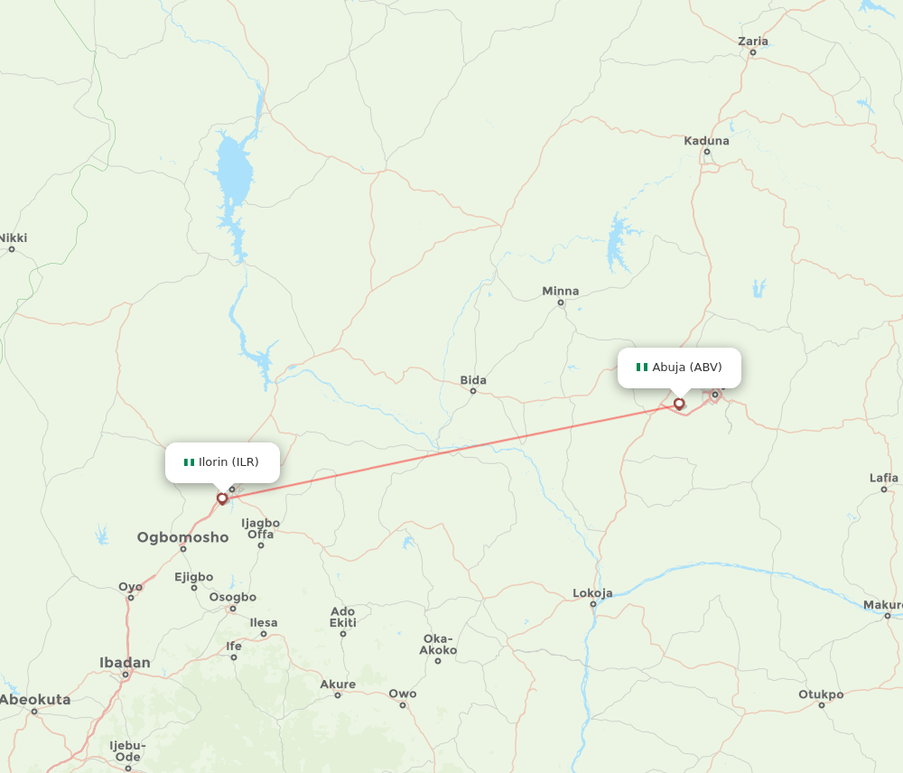 Ilorin - Abuja route map and flight paths