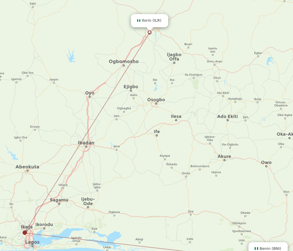 Benin City - Ilorin route map and flight paths