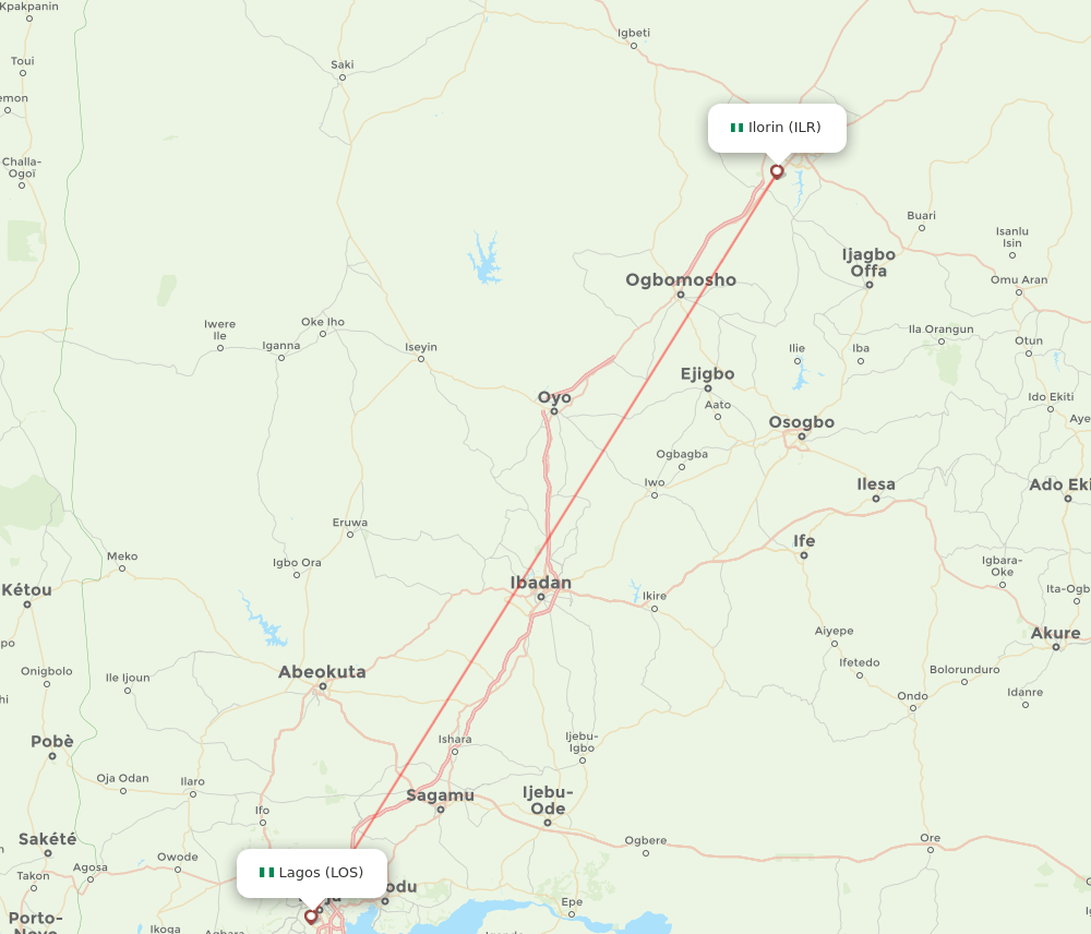 Ilorin - Lagos route map and flight paths