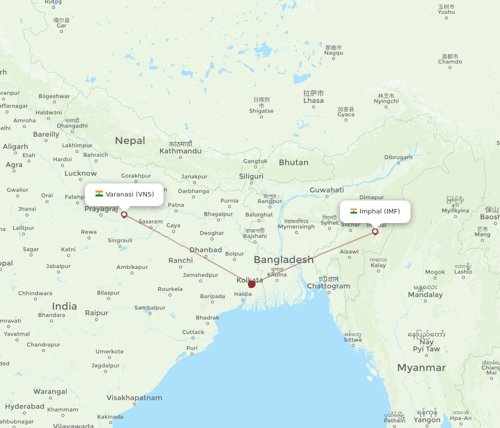Varanasi - Imphal route map and flight paths