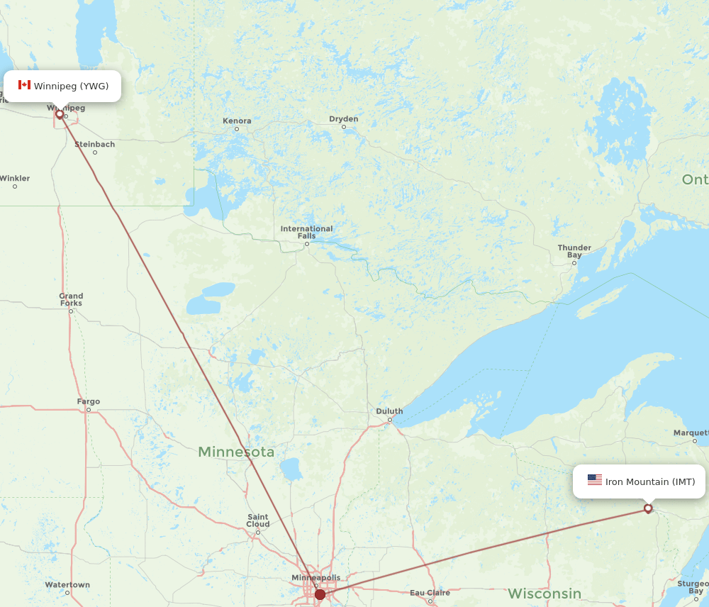 IMT to YWG flights and routes map