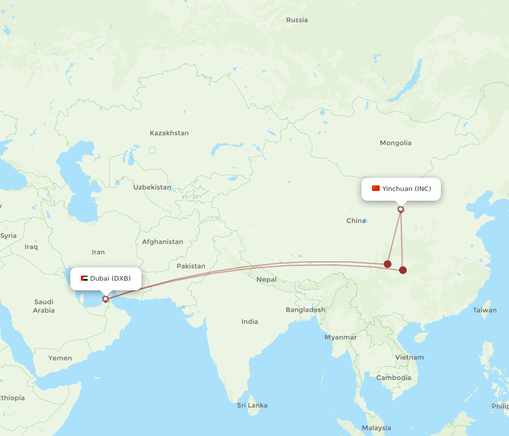 Dubai - Yinchuan route map and flight paths