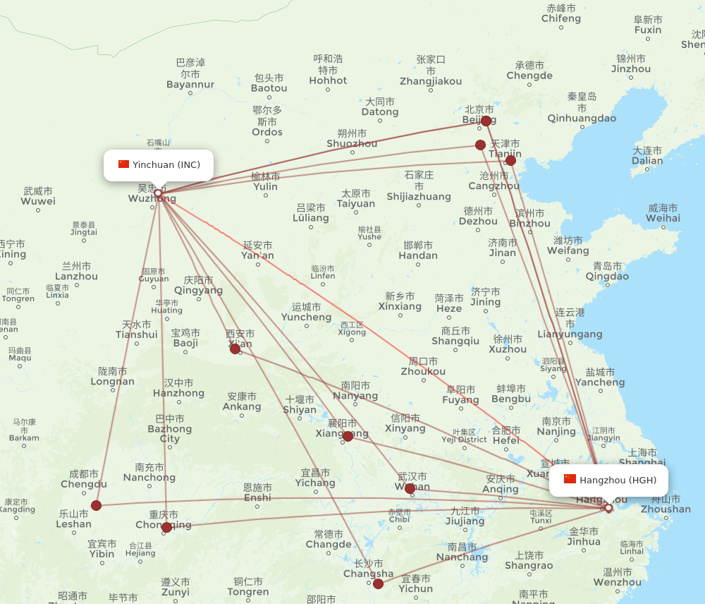 INC to HGH flights and routes map
