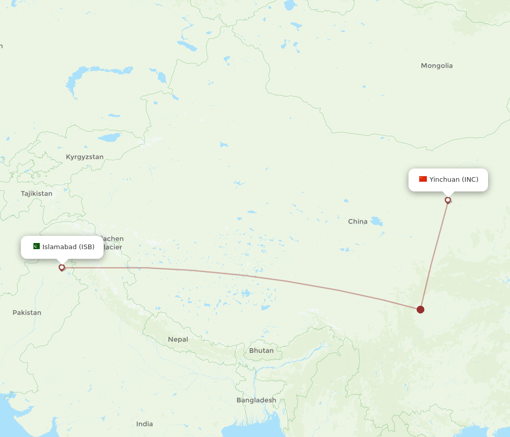 Islamabad - Yinchuan route map and flight paths
