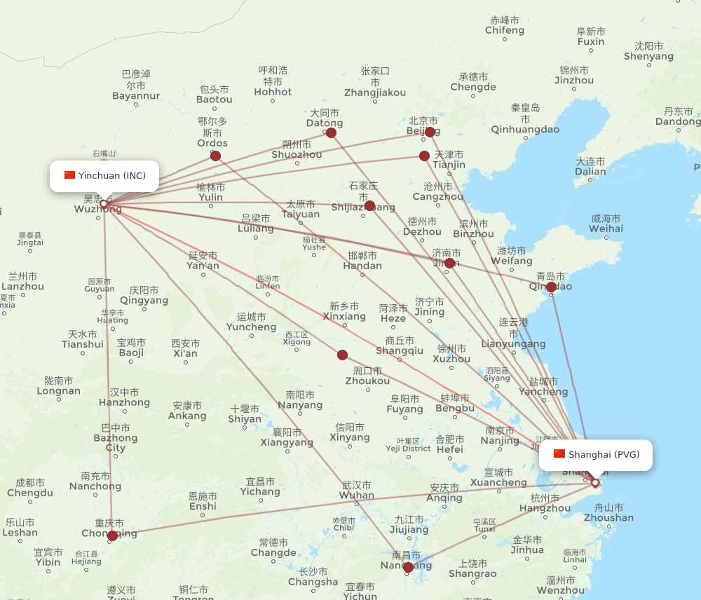 INC to PVG flights and routes map