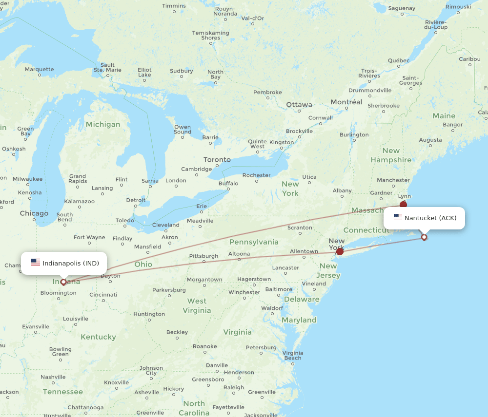 IND to ACK flights and routes map