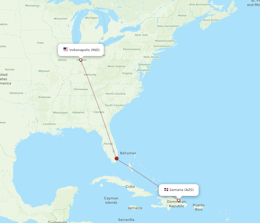 Indianapolis - El Catey/Samana route map and flight paths