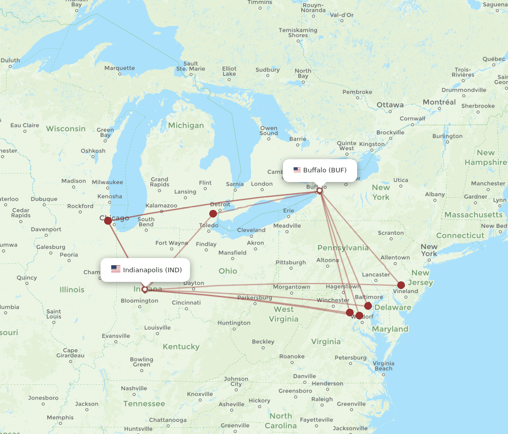 IND to BUF flights and routes map