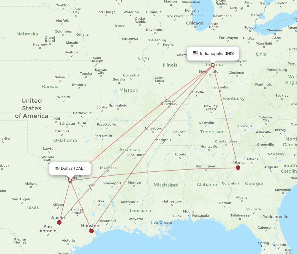 IND-DAL flight routes