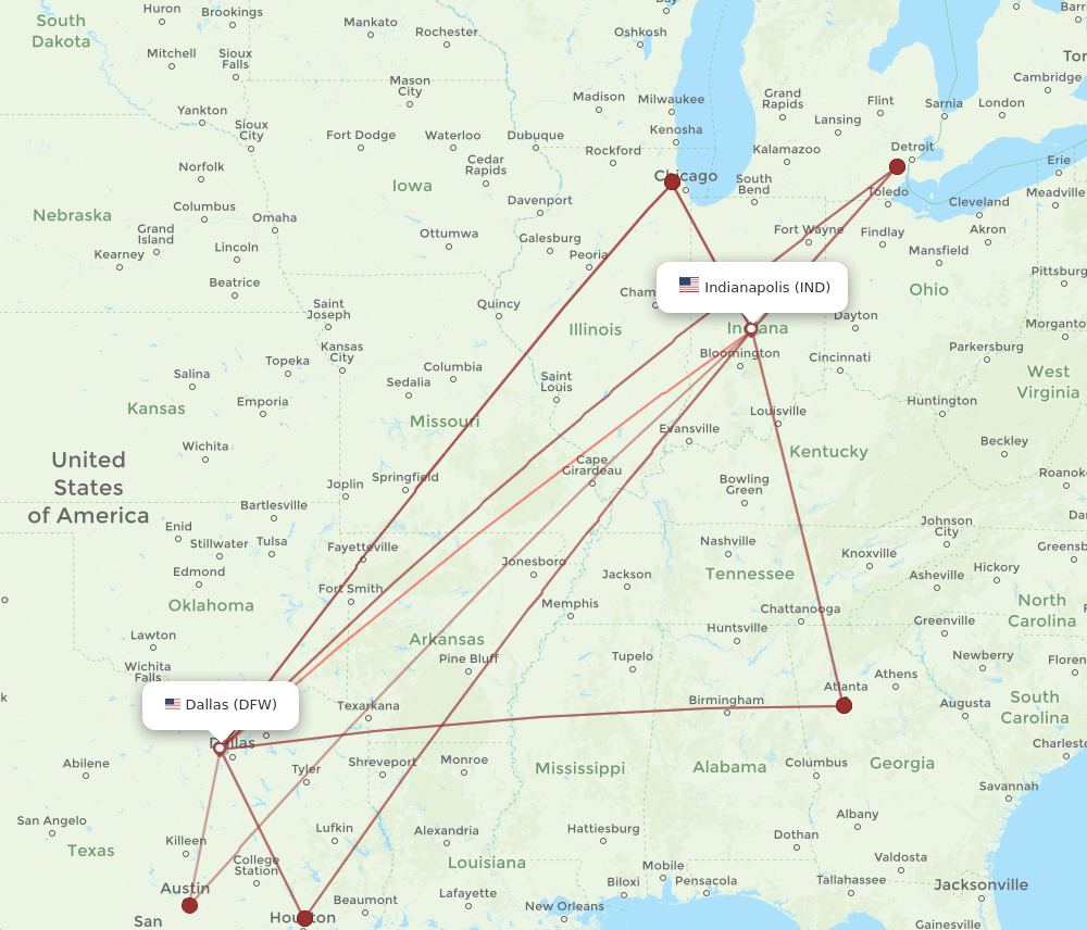 IND-DFW flight routes