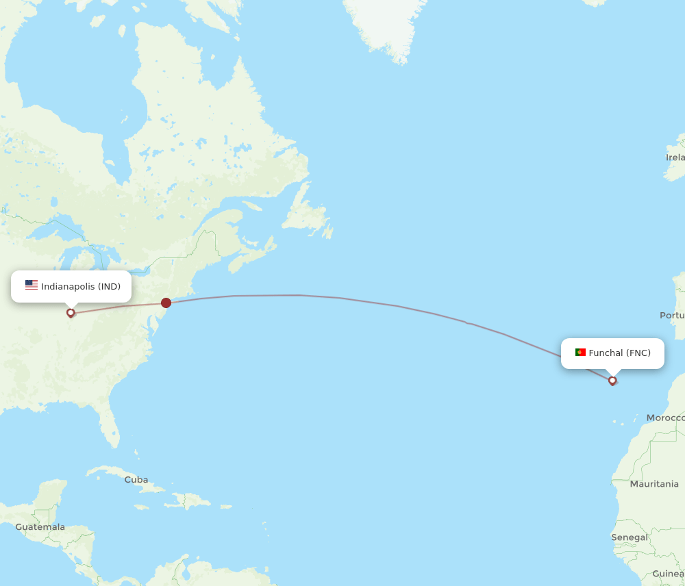 Funchal - Indianapolis route map and flight paths