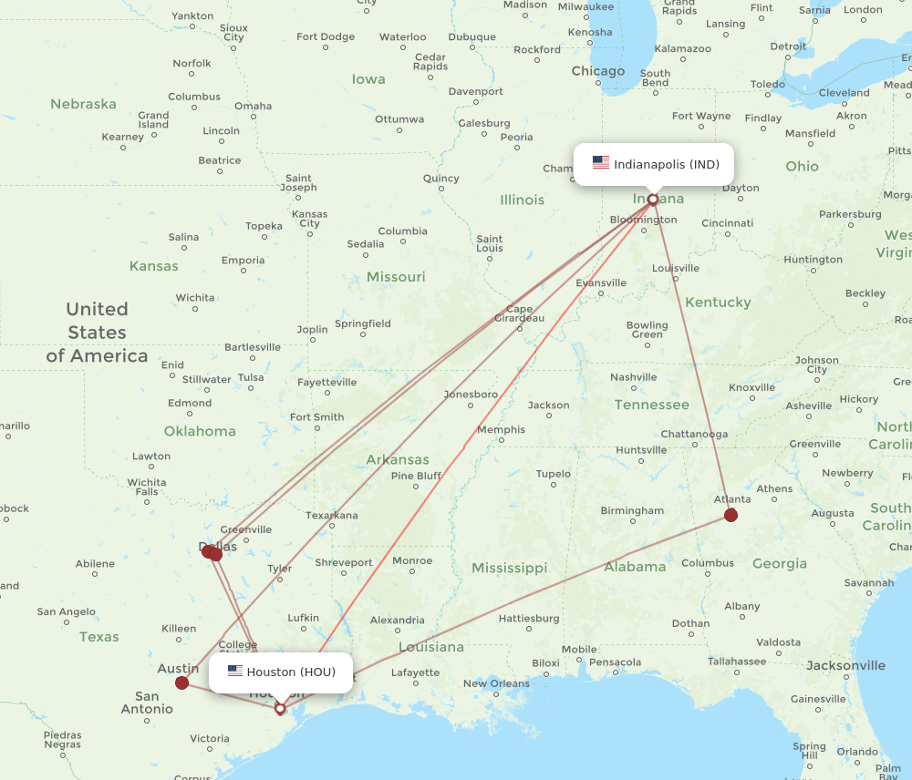 IND-HOU flight routes