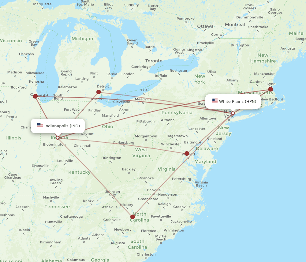 IND to HPN flights and routes map