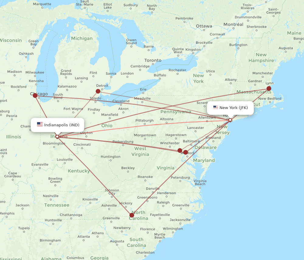 IND-JFK flight routes