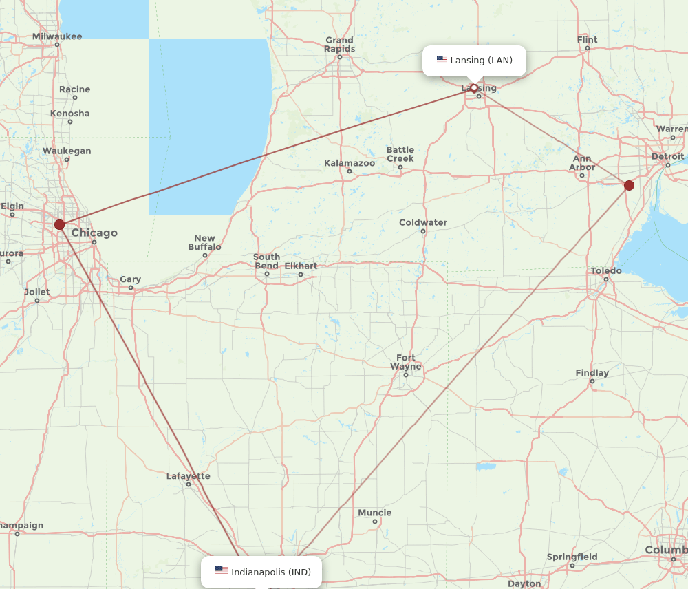 IND to LAN flights and routes map