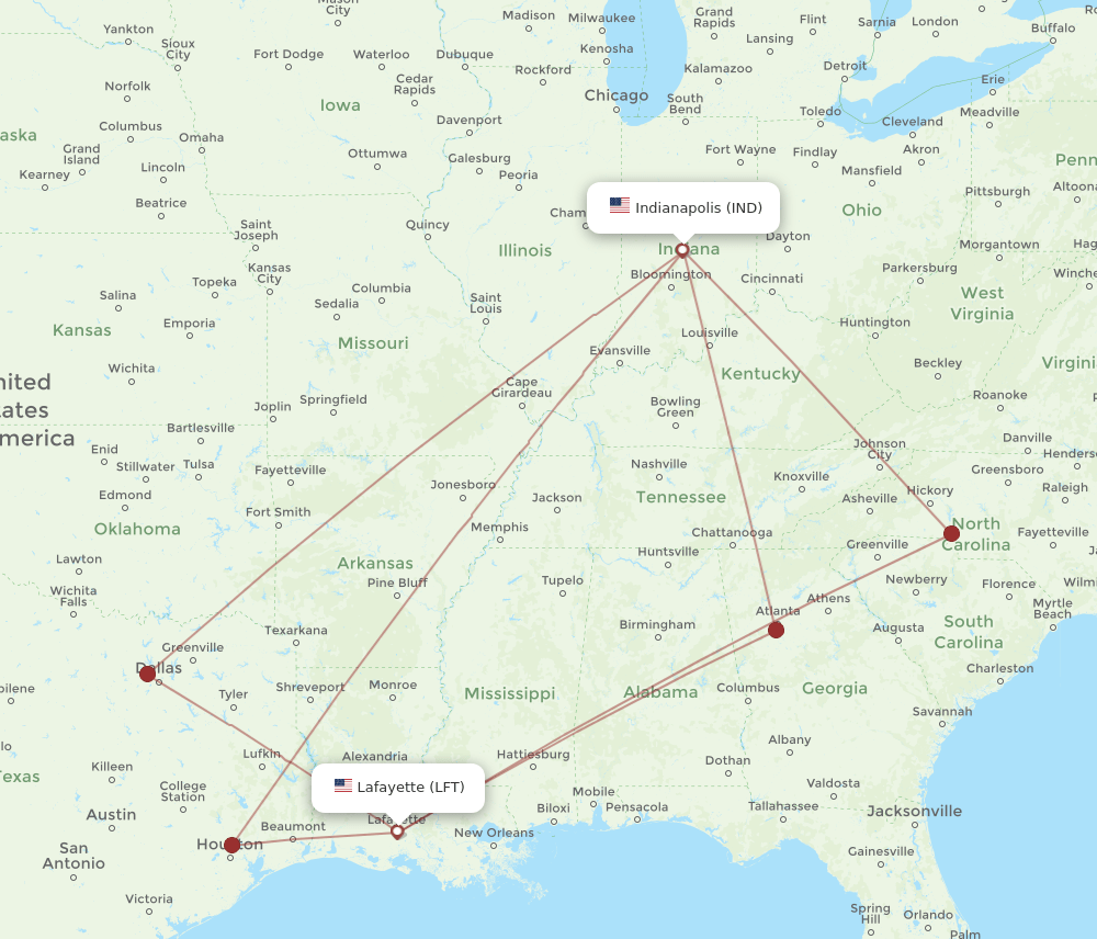IND to LFT flights and routes map