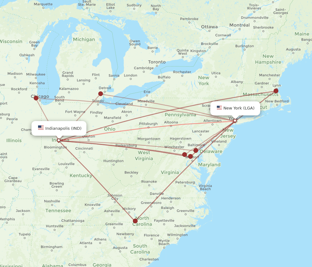 IND-LGA flight routes