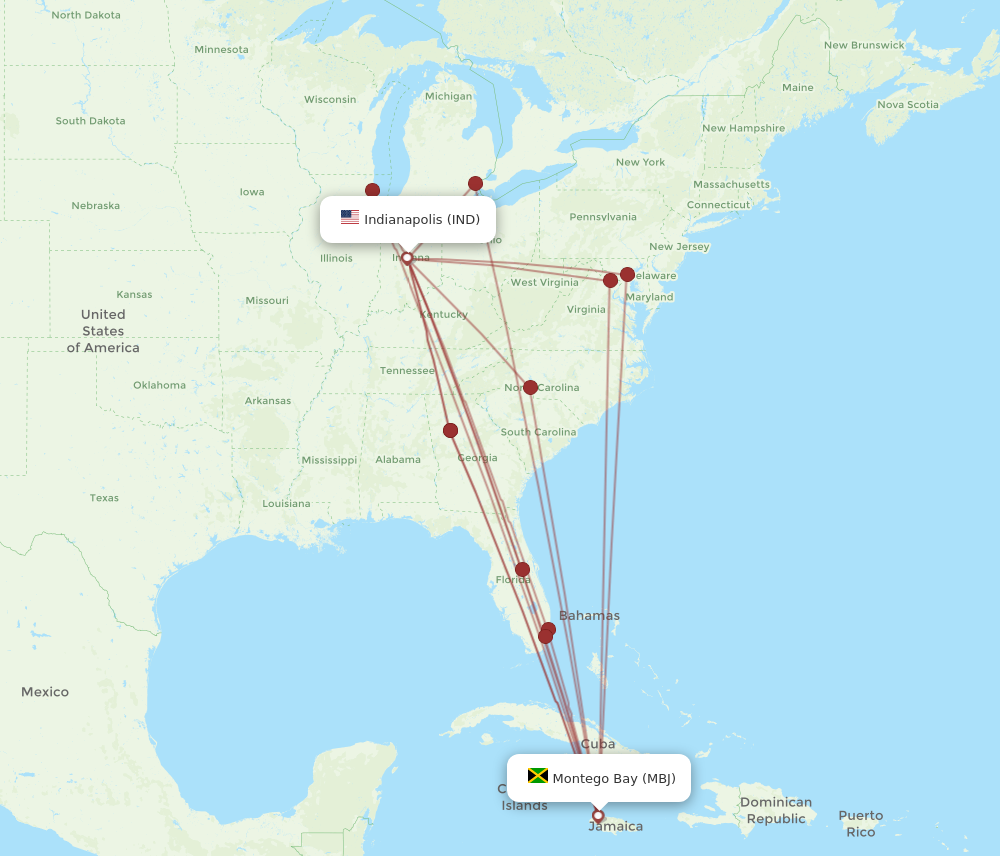 IND to MBJ flights and routes map