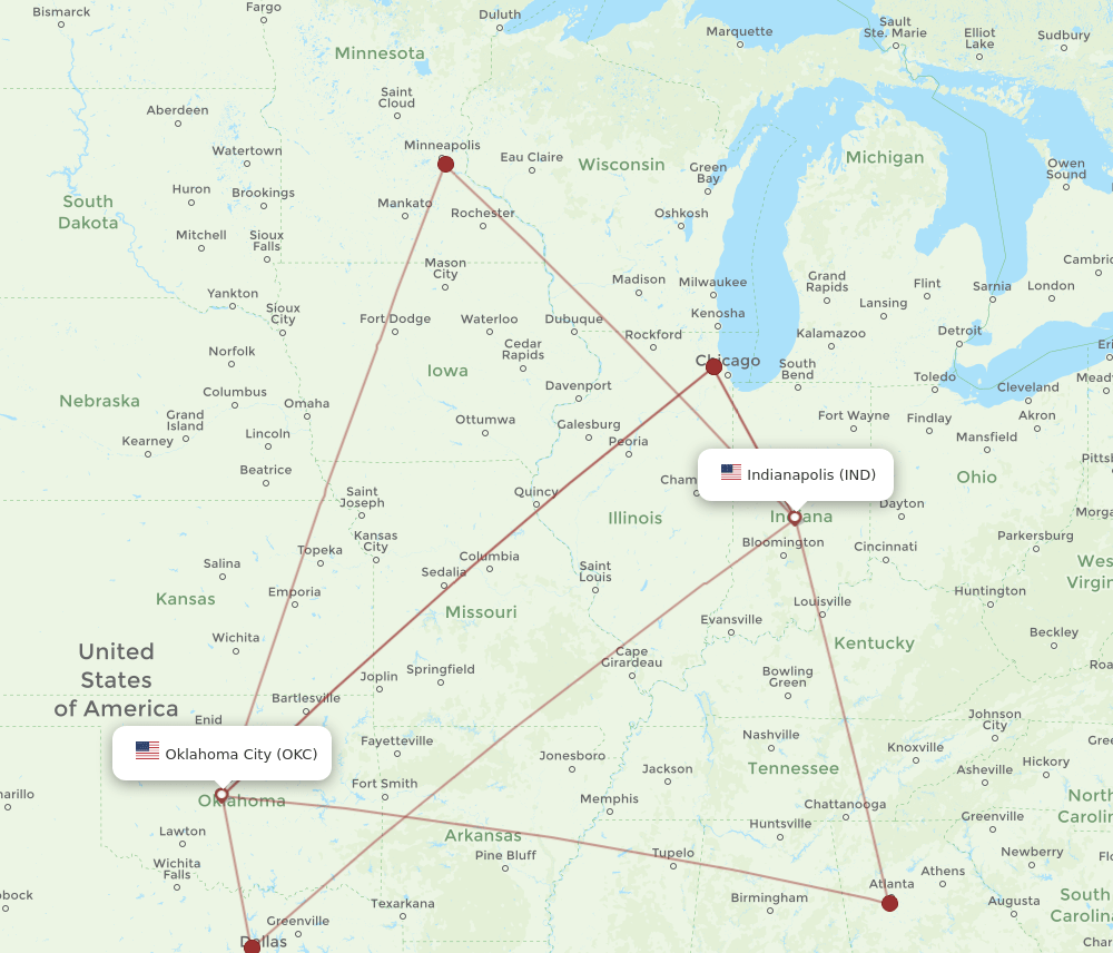 IND-OKC flight routes