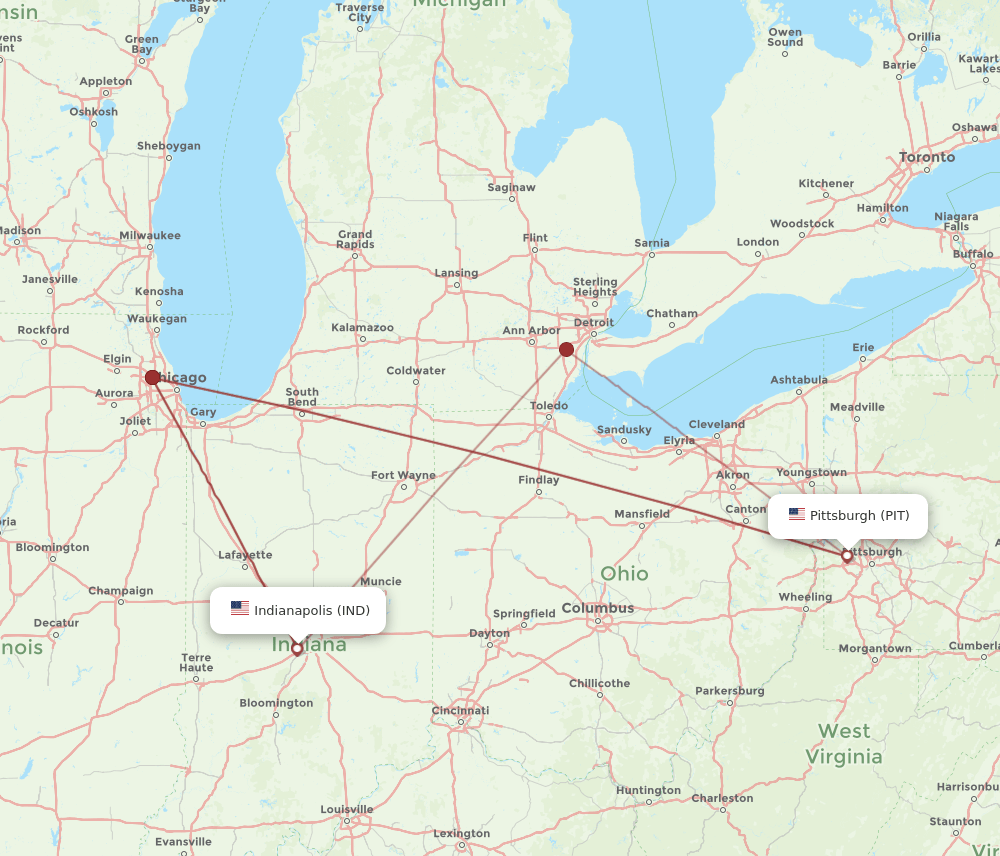 IND to PIT flights and routes map