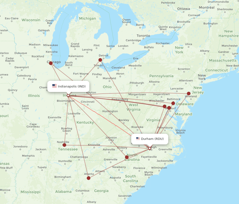 IND to RDU flights and routes map