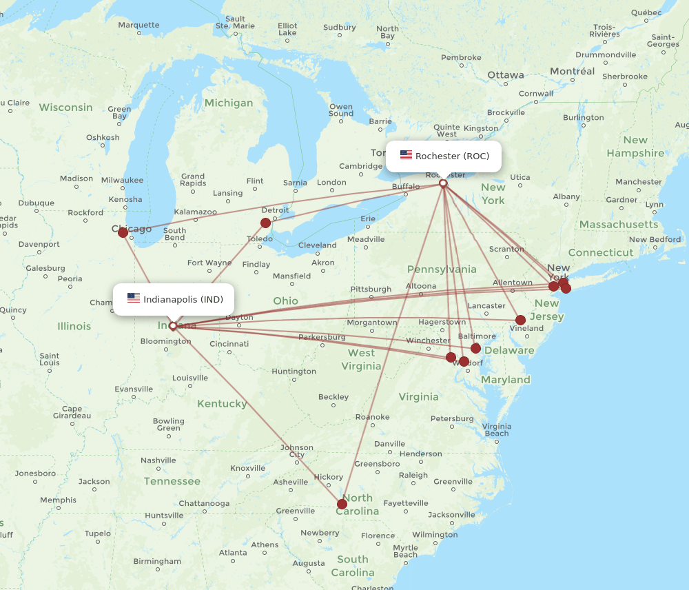 IND to ROC flights and routes map
