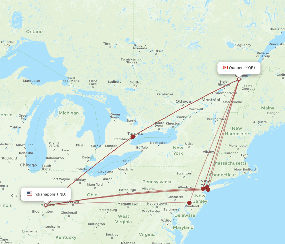 IND-YQB flight routes