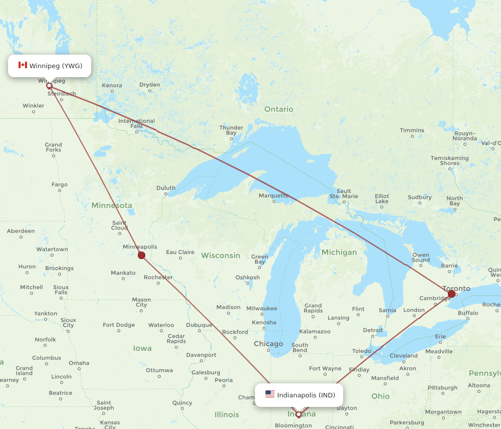 Winnipeg - Indianapolis route map and flight paths