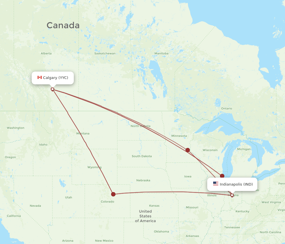 Calgary - Indianapolis route map and flight paths