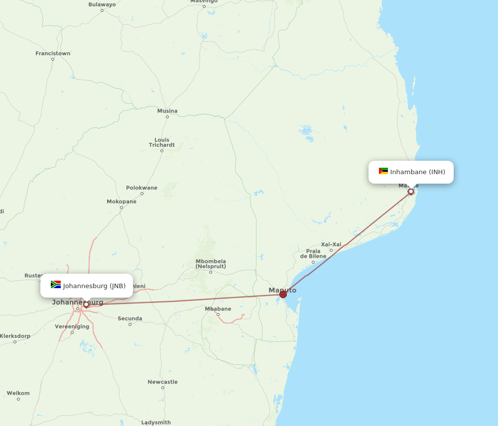 INH to JNB flights and routes map
