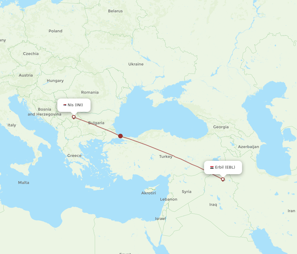 Erbil - Nis route map and flight paths