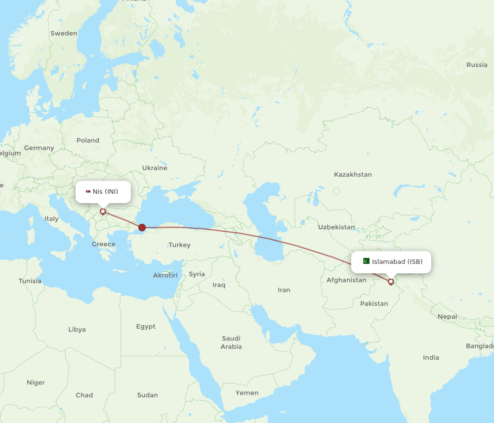 Islamabad - Nis route map and flight paths