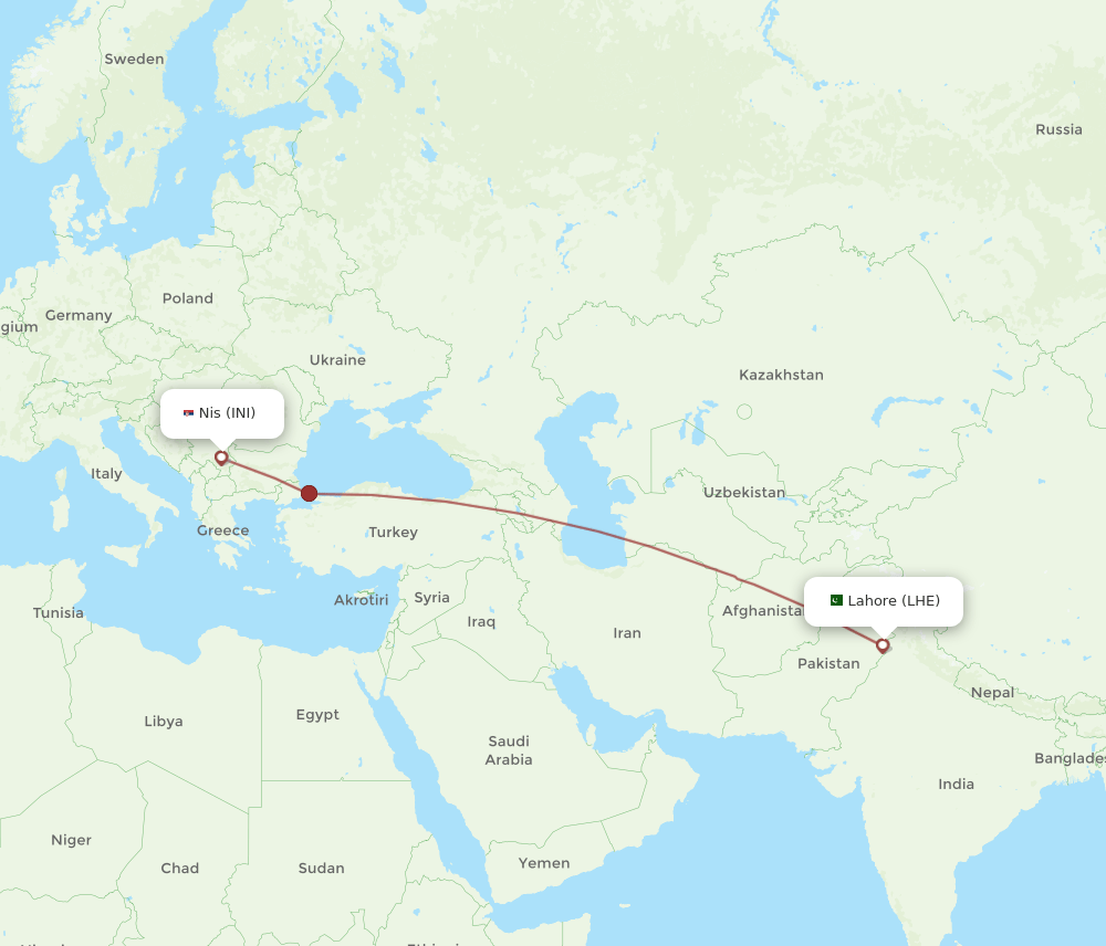 Lahore - Nis route map and flight paths