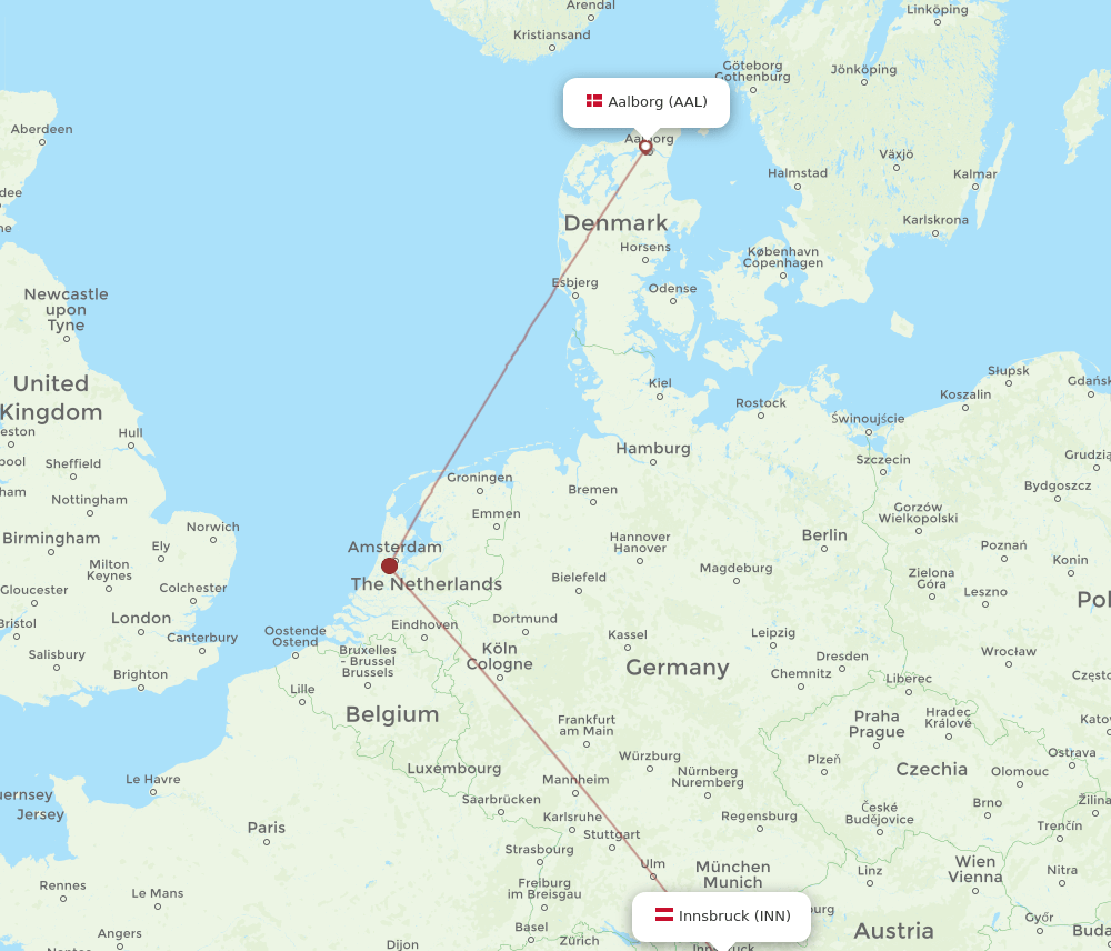 Aalborg - Innsbruck route map and flight paths