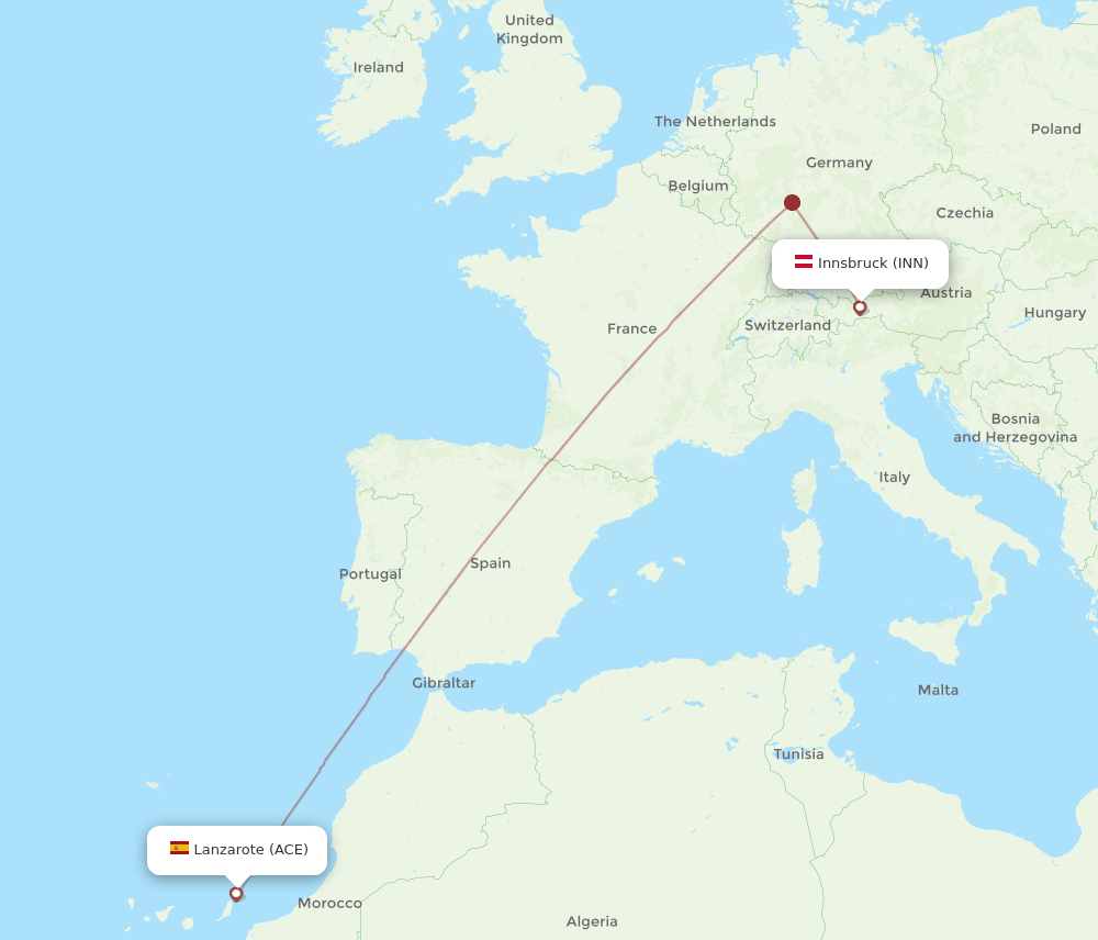 Innsbruck - Lanzarote route map and flight paths